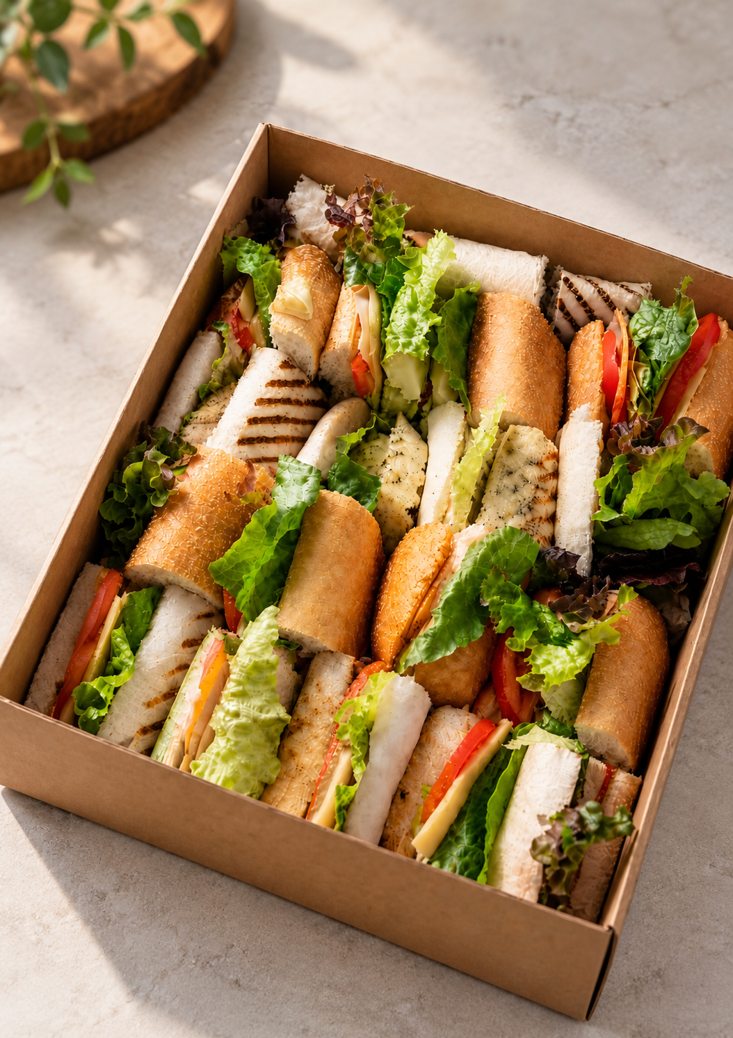 Sandwich Platter box with assorted panini and ciabatta sandwiches, lettuce and tomato