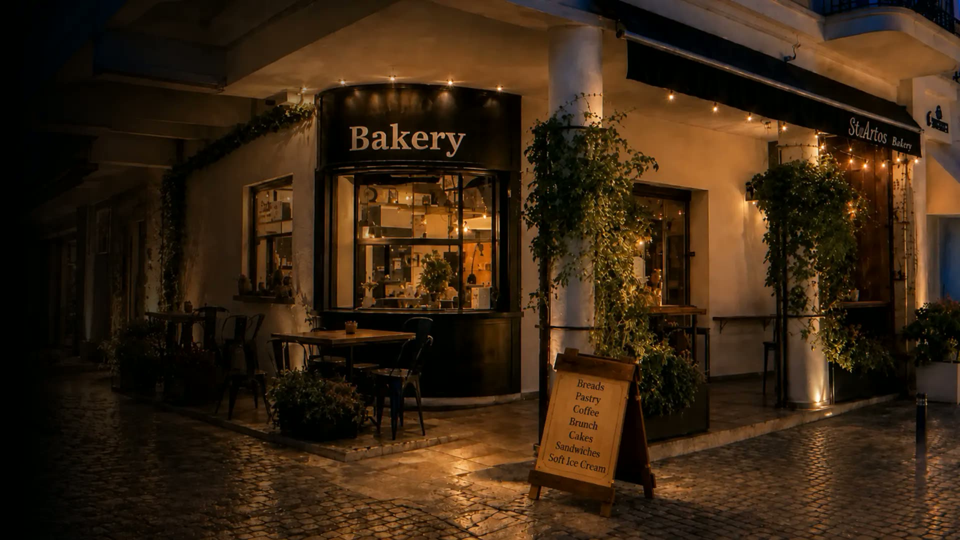 StoArtos Coffee Bakery storefront at night, warmly lit on St. Lazarus Square in Larnaca